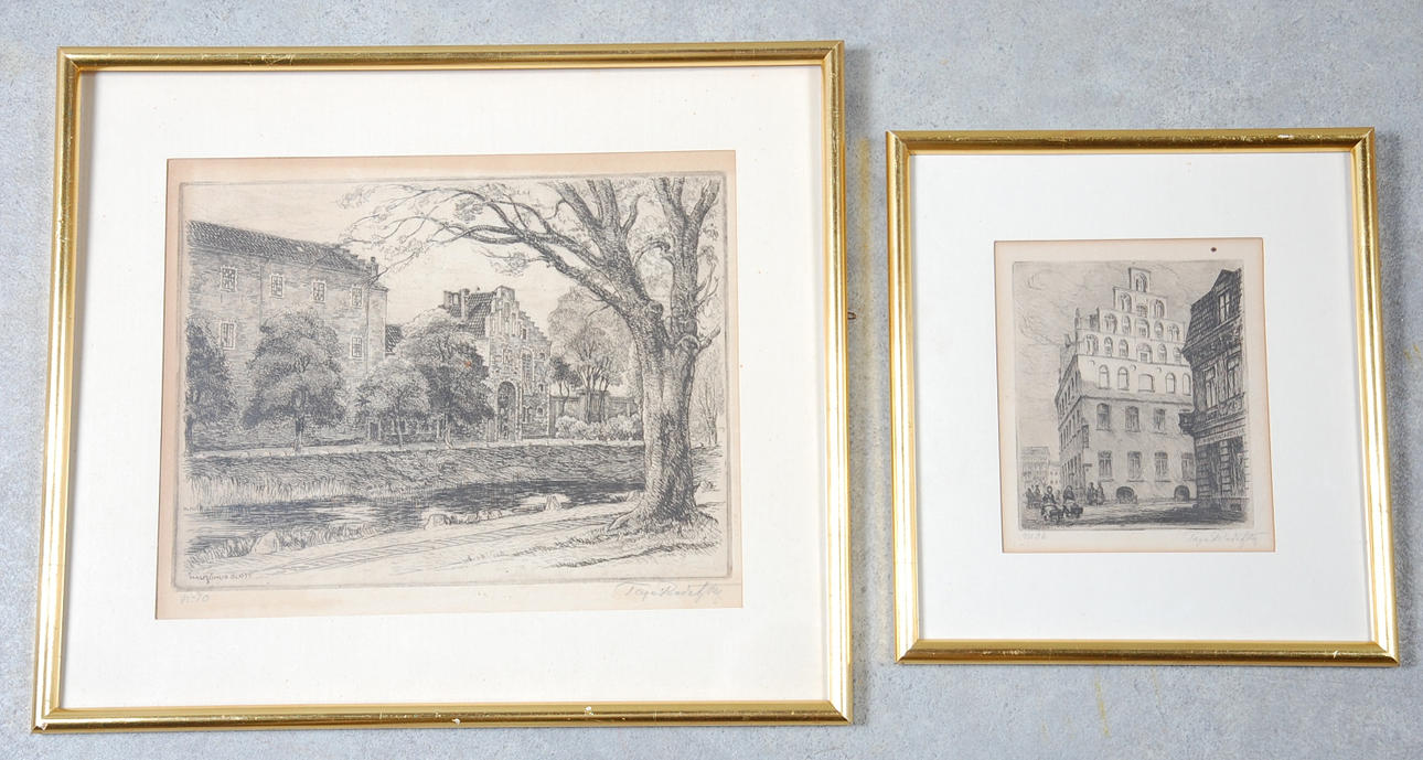 TAGE RADETZKY. 1878-1954, etsningar, 2 st, Malmömotiv, signerade.