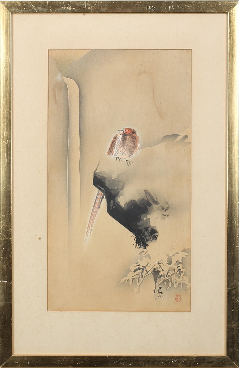 OHARA KOSON. Fågel. Träsnitt Japan Signerad.