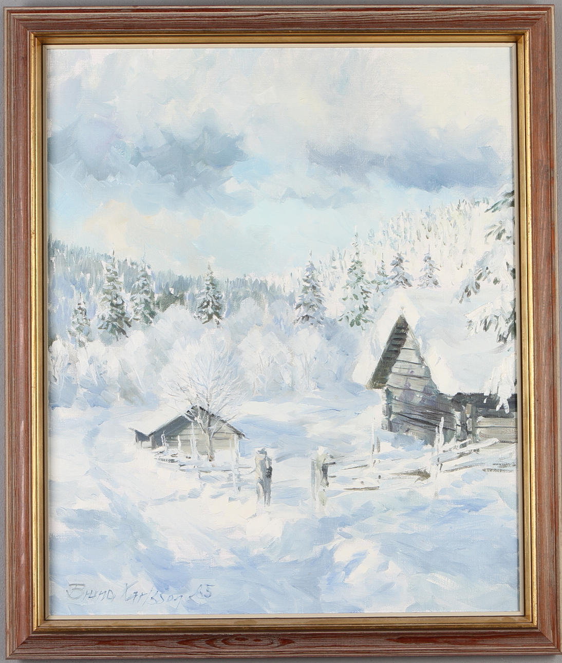 BRUNO KARLSSON. Vinterlandskap med stugor, olja på duk, signerad samt daterad 85?