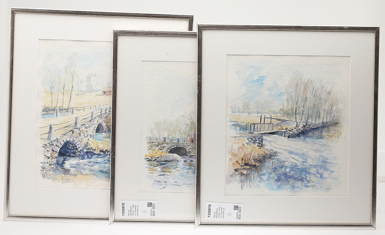 NIKLAS ARONSSON. "Örsled - Växjö", 3 pcs, watercolours, signed.