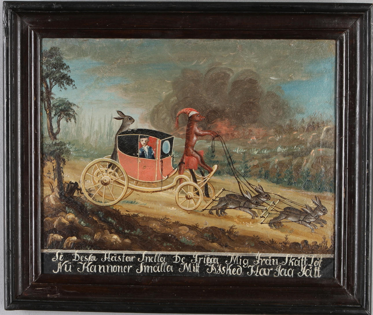 OKÄND KONSTNÄR. Vagnspann med djur, olja på papp.