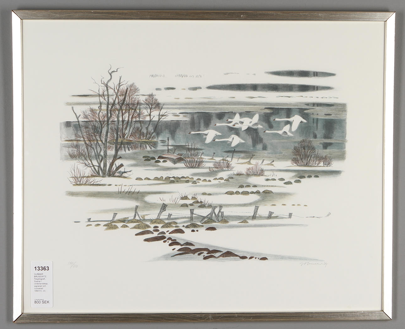 GUNNAR BRUSEWITZ. Färglitografi, Svanar i vinterlandskap, signerad och numrerad 199/310.
