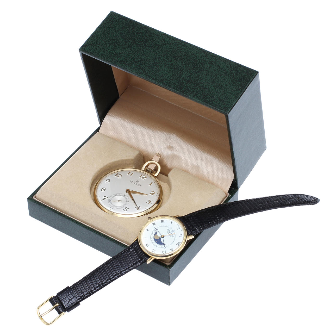 FICKUR Hamilton, gulddoublé + armbandsur Fortis.