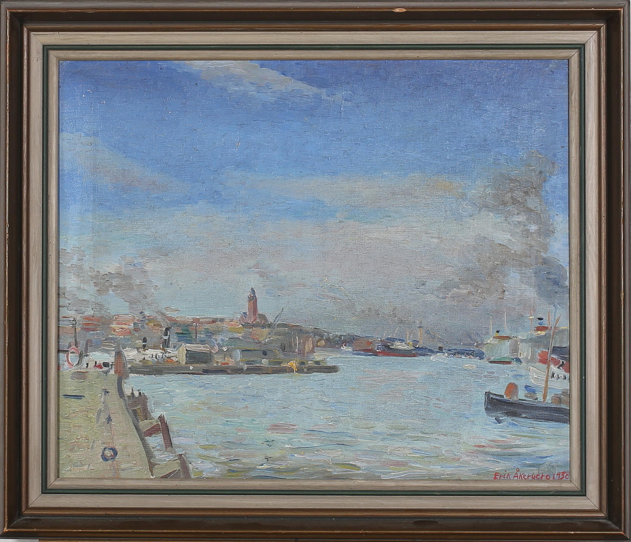 ERIK ÅKERBERG. Hamnmotiv från Stockholm. Olja på duk. Signerad och daterad 1938.