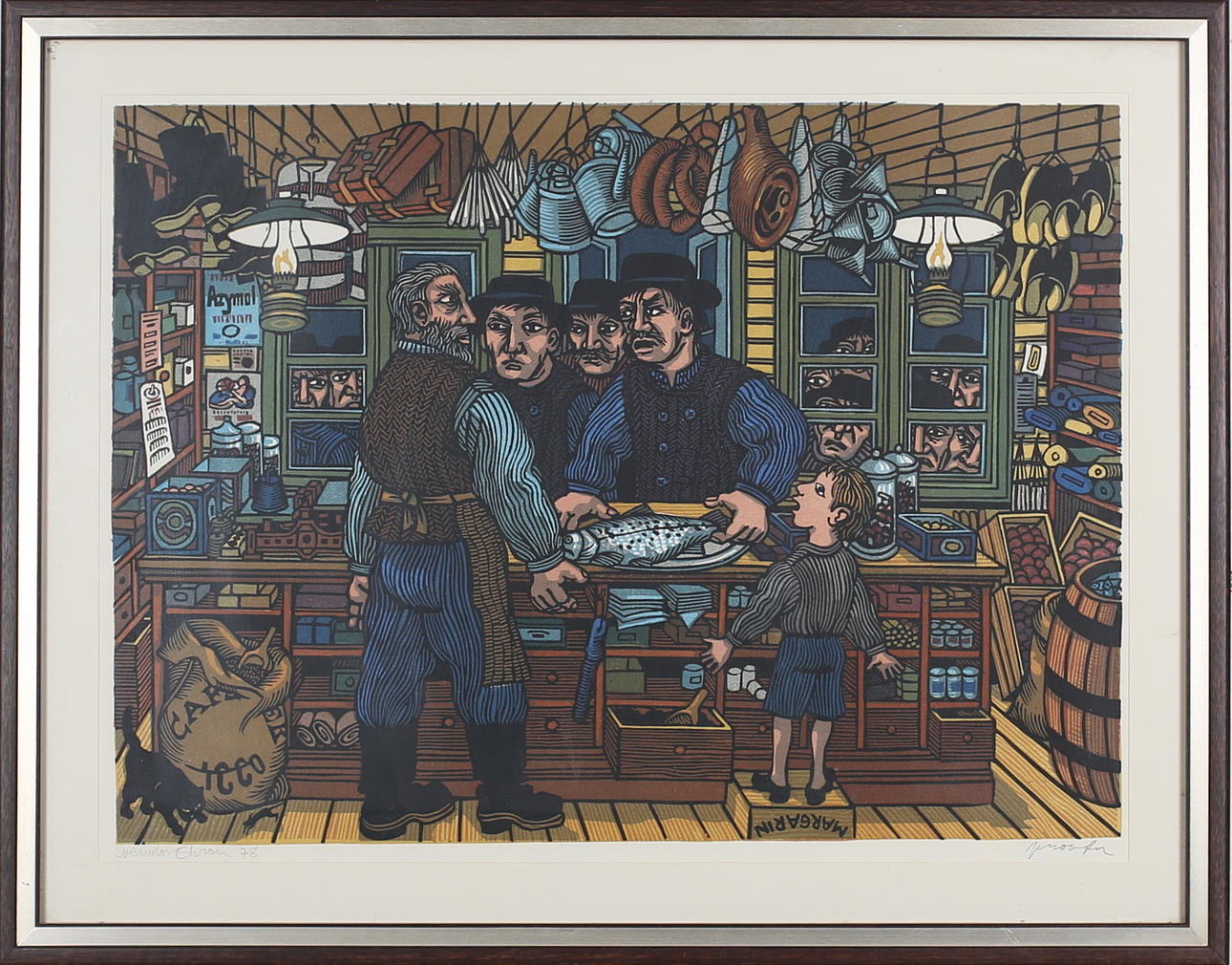 SVENOLOV EHRÉN. I fiskaffären. Färglitografi. Signerad och daterad -78. Provtryck.