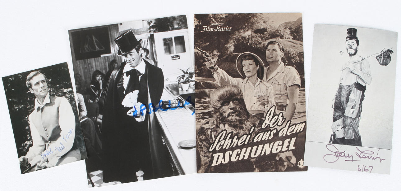 AUTOGRAFER, 4 st, Mel Ferrer, Jerry Lewis, Jean Paul Belmondo, Johnny Weissmuller.