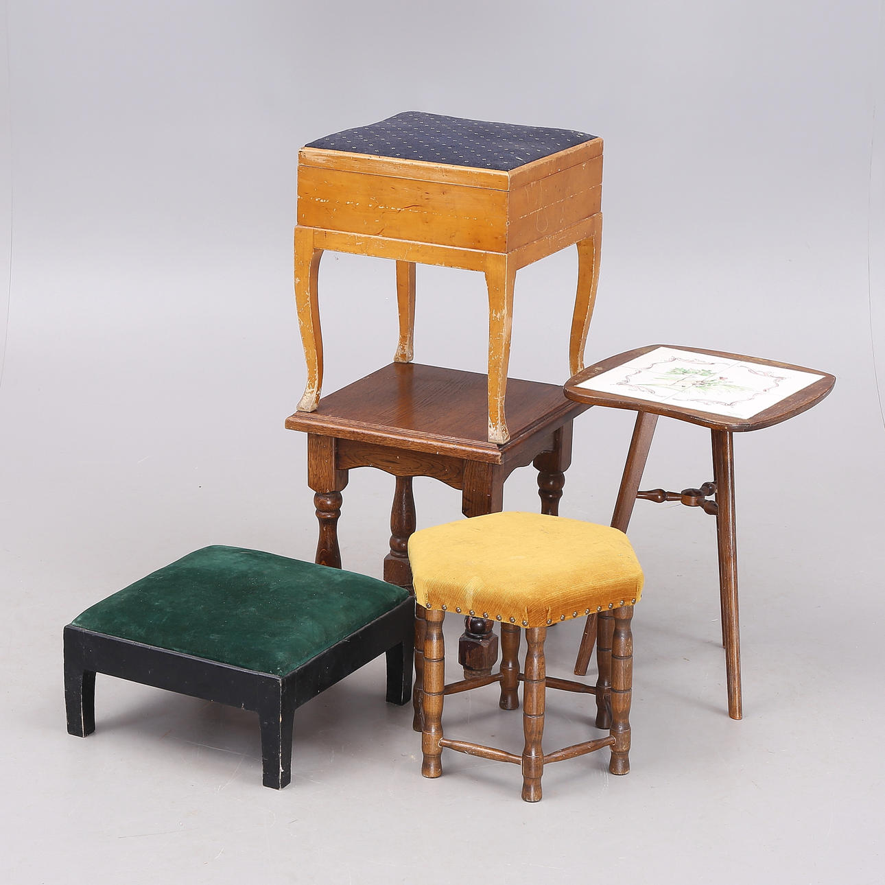 STOOLS, SMALL TABLE, 5 parts, 1900s.