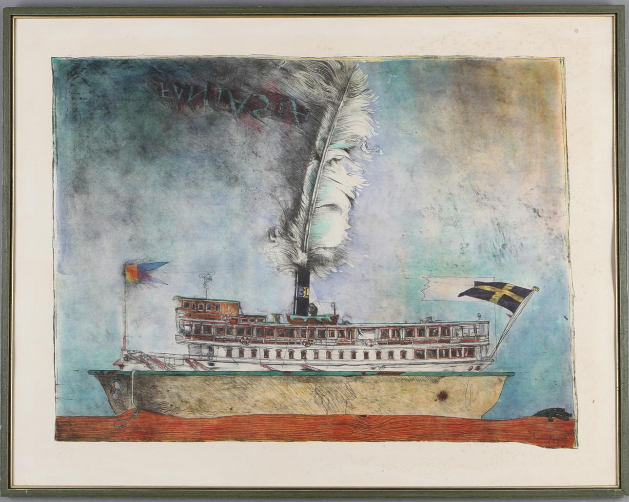 BENGT LANDIN. Komposition med färja, färglitografi, signerad samt numrerad 231/250.