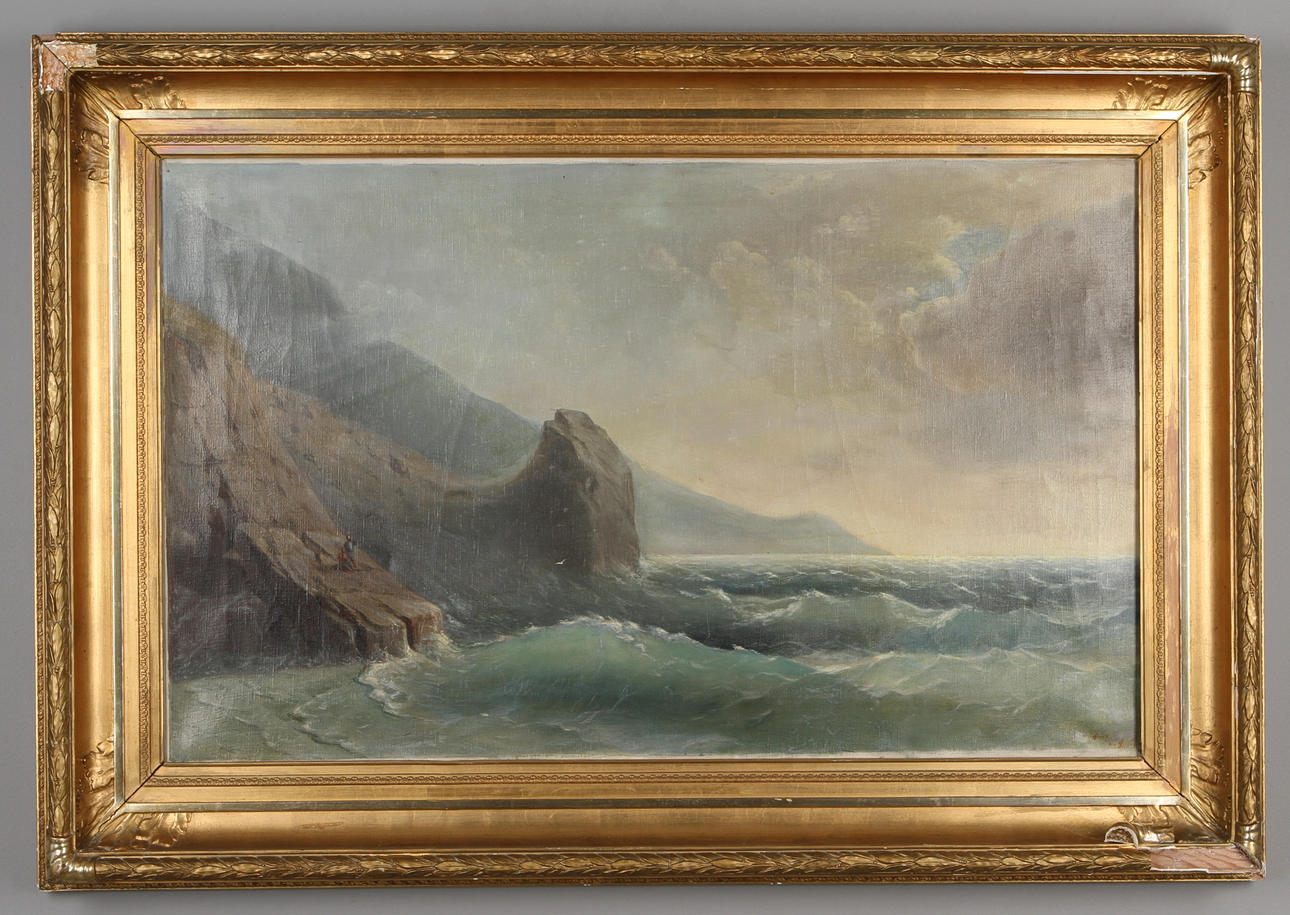 OKÄND KONSTNÄR. Ryssland, Kustmotiv med figurer vid stormigt hav, olja på duk.