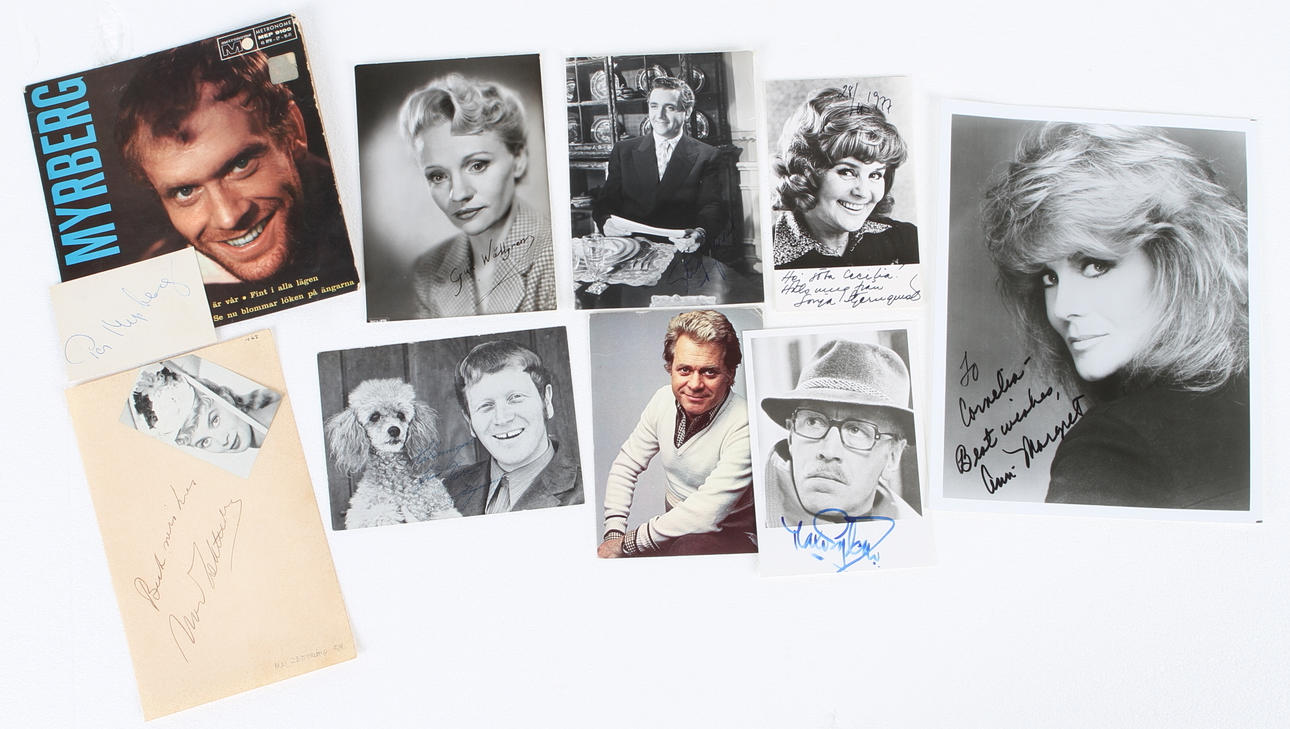 AUTOGRAFER, 9 st, Max von Sydow, Thore Skogman, Sonia Stjernquist, Mai Zetterling, Gun Wallgren, Per Myrberg, Lars Lönndahl, Stig Jarre, Ann-Margret.