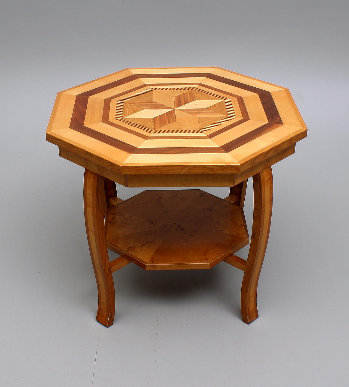 SALONGSBORD, björk med intarsia, 8-kantig bordsskiva.