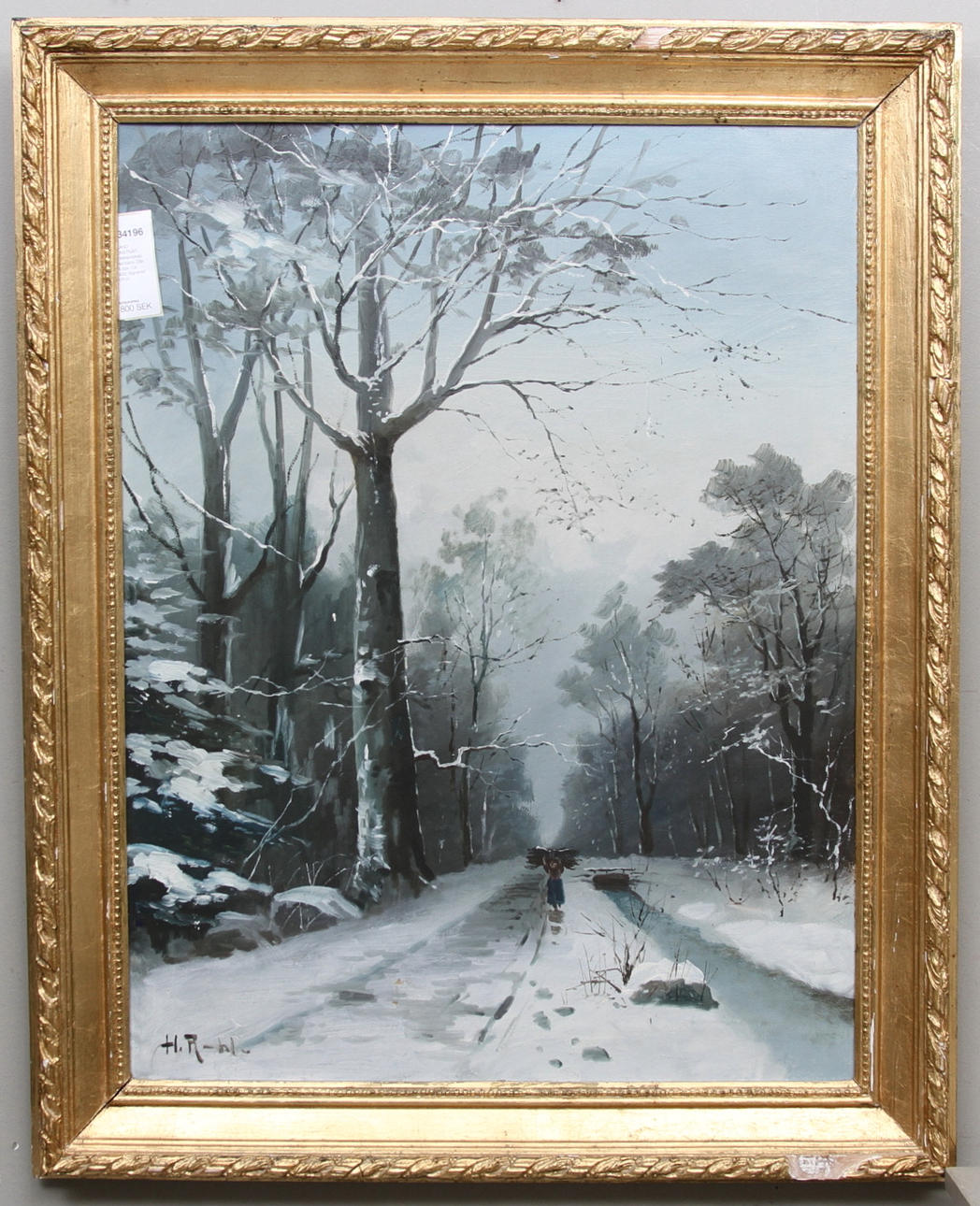 OKÄND KONSTNÄR. Vinterlandskap med bäck. Olja på duk. Ca 1900. Signerad H.R-hl.