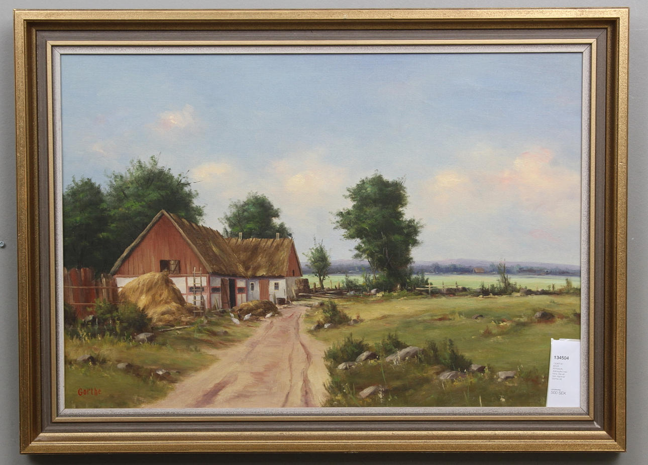 "GORTHE", BROR PERSSON. Skånegård med höns. Olja på duk. Signerad Gorthe.