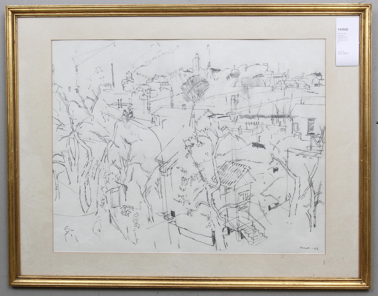 PÄR THORELL. Stadsbild. Blyertsteckning. Signerad Thorell och daterad -62.