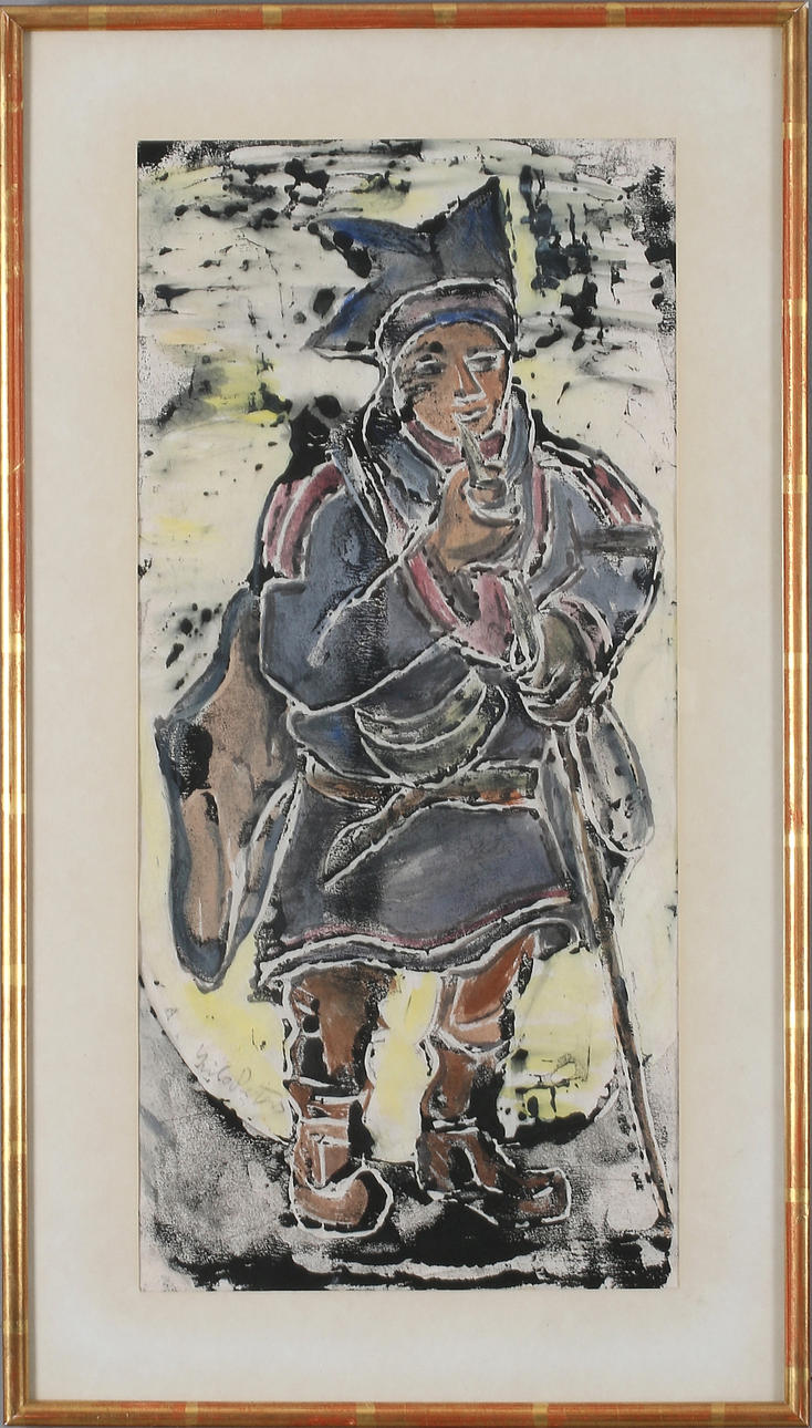 OIDENTIFIERAD KONSTNÄR. Smoking Sami, gouache on paper, signed.