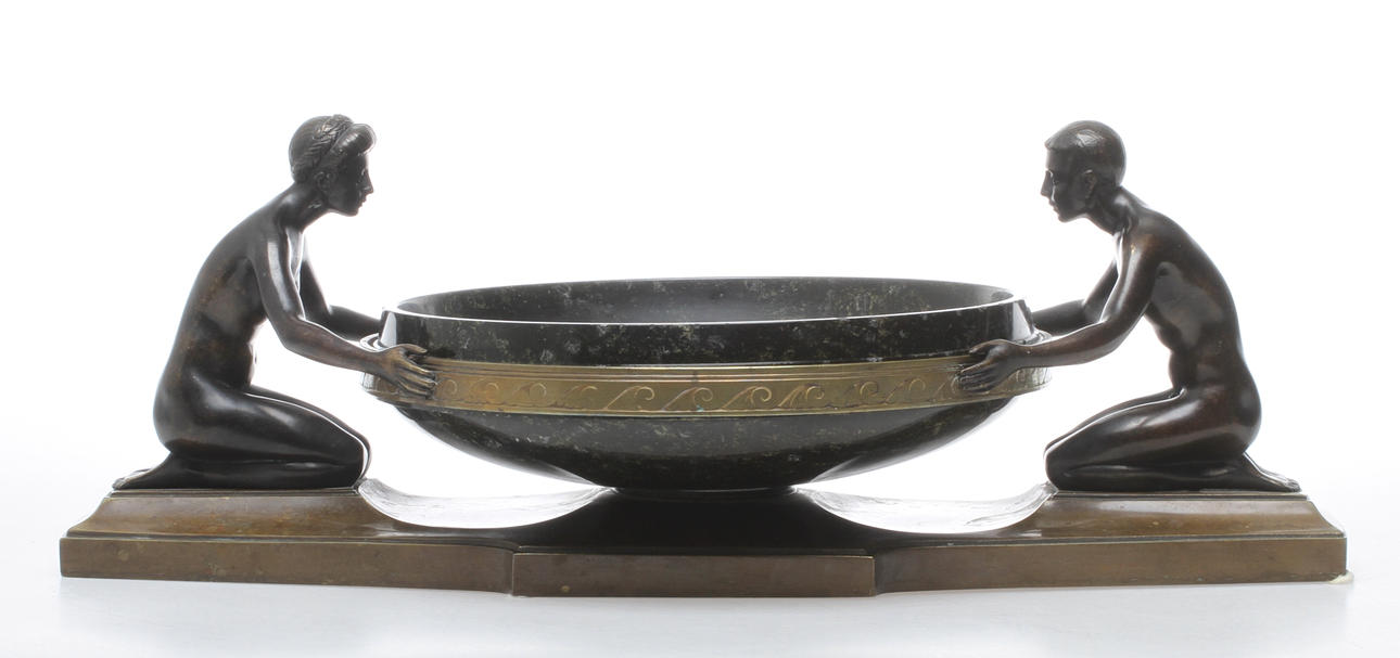 SKÅLFAT, brons och skål i sten, 1900-talets första hälft.