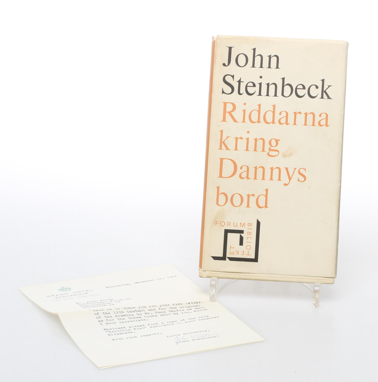 BREV, BOK, egenhändigt signerade av John Steinbeck, 12:e december 1962.
