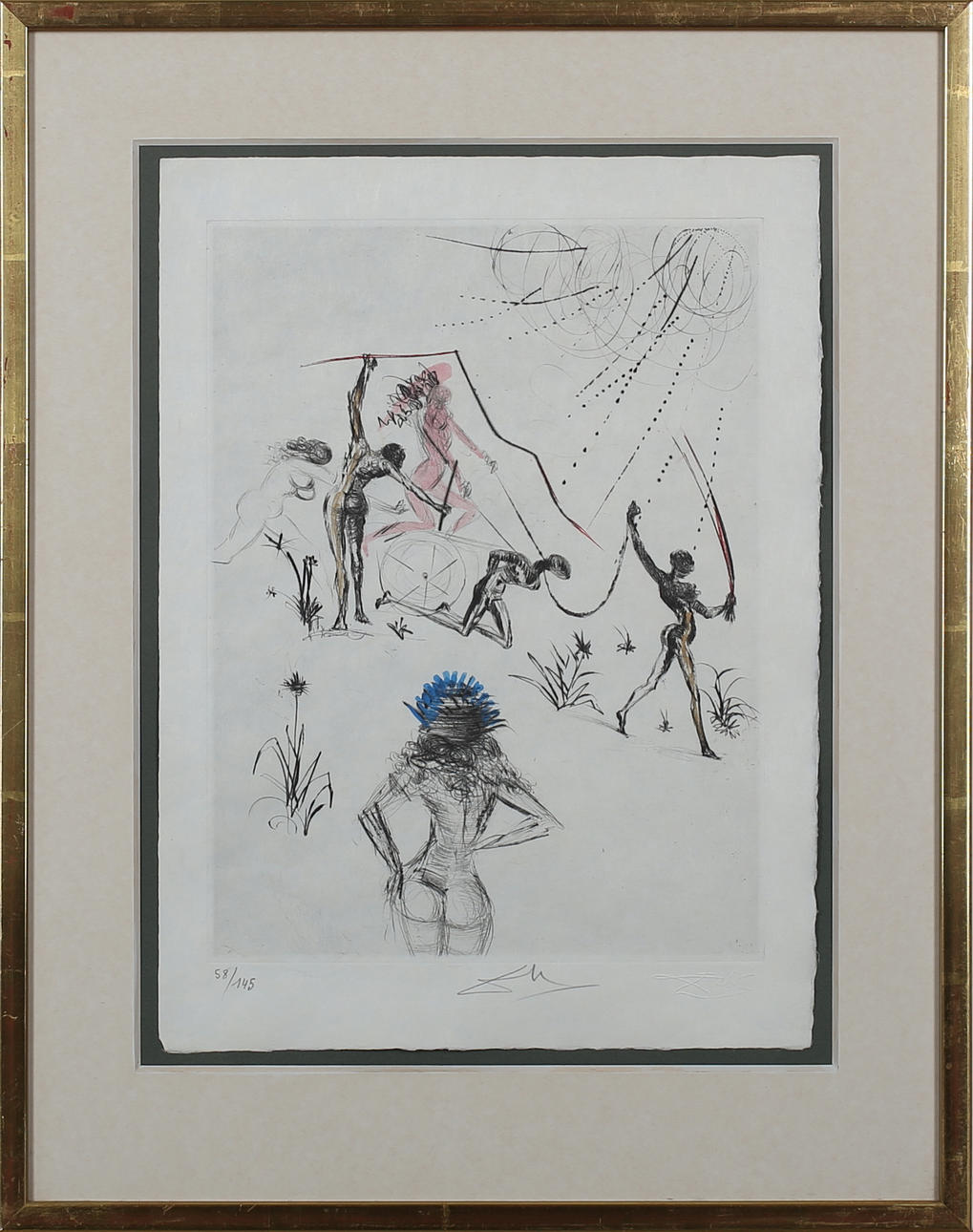 SALVADOR DALI. Modeller. Färgetsning på rispapper. Signerad Dali. 58/145.