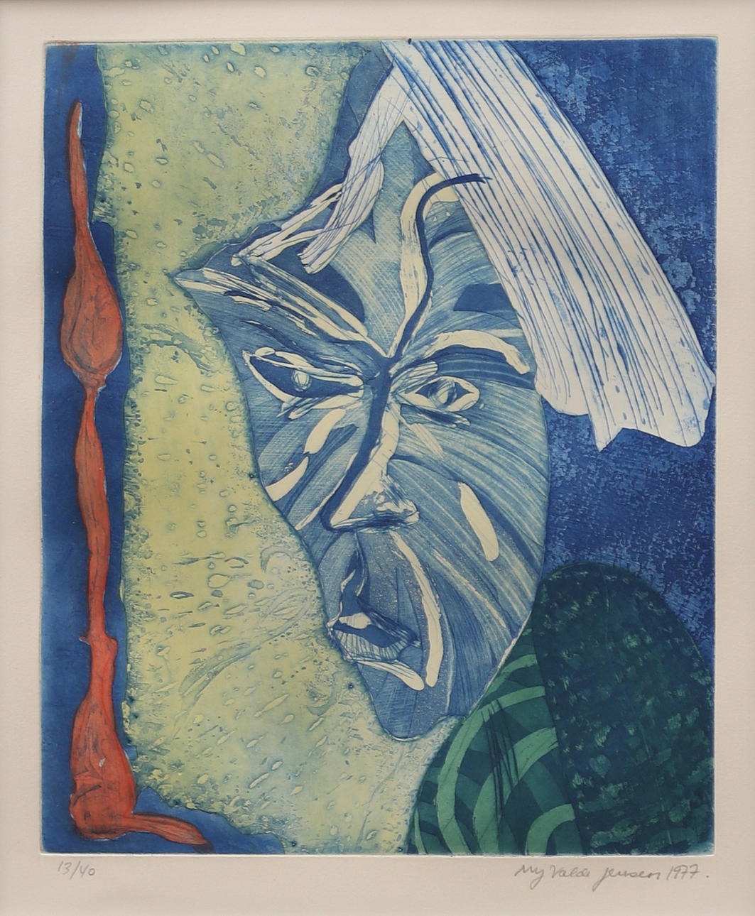 ULF VALDE JENSEN (1945 - ). Face, color etching no. 13/40, signed and dated 1977.