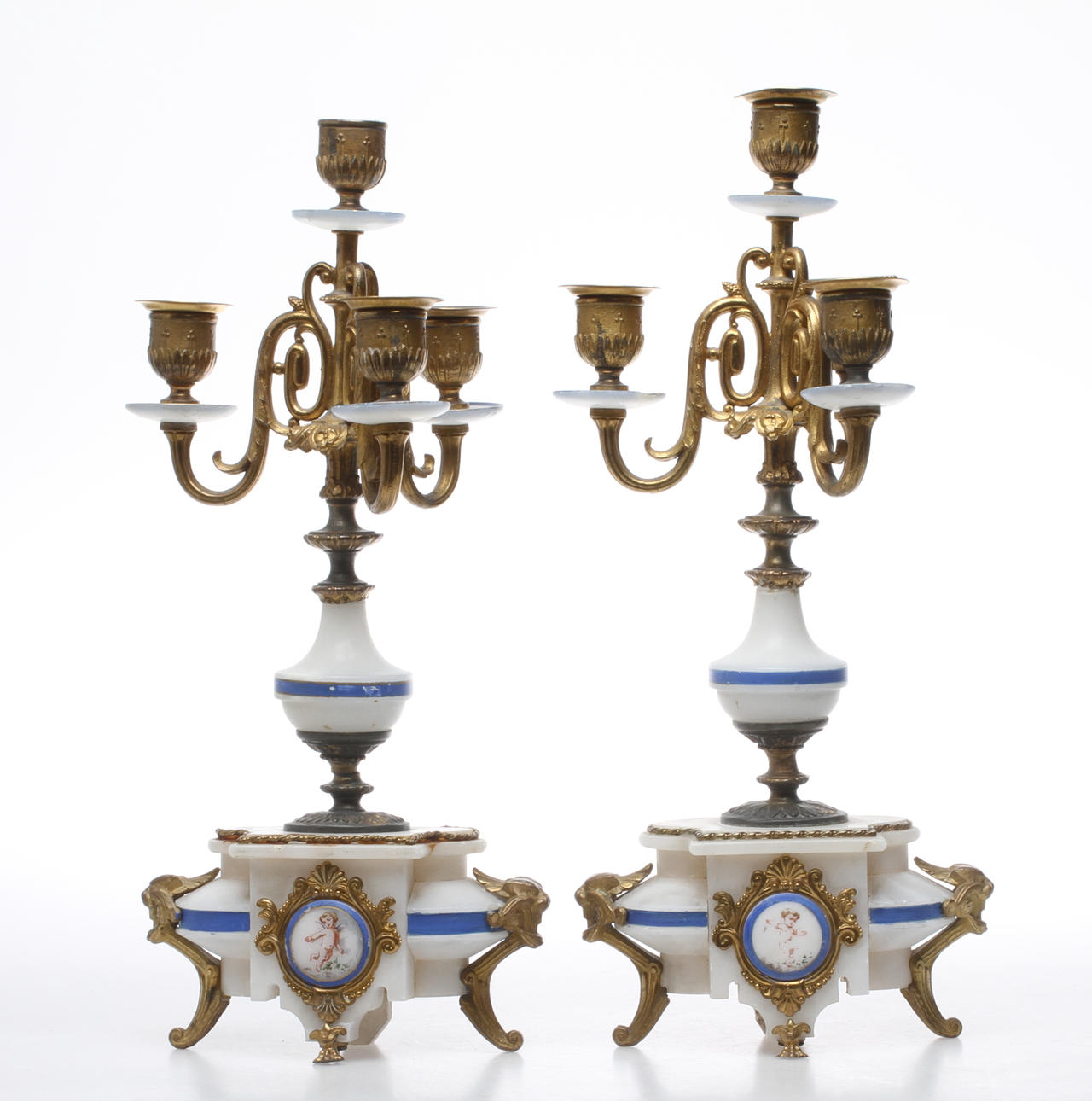 KANDELABRAR, ett par, alabaster och metall, 18/1900-tal.