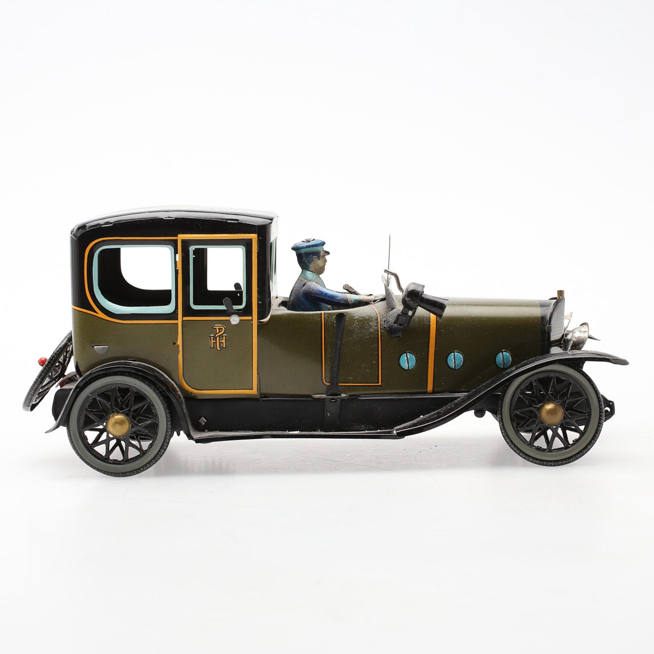 TOY CAR, lithographed plate, marked PH, 1900s.
