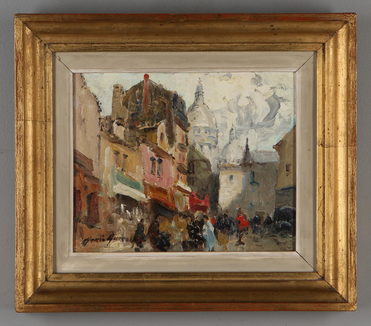 MERIO AMEGLIO. "Paris Place du Tertre", olja på pannå, signerad.