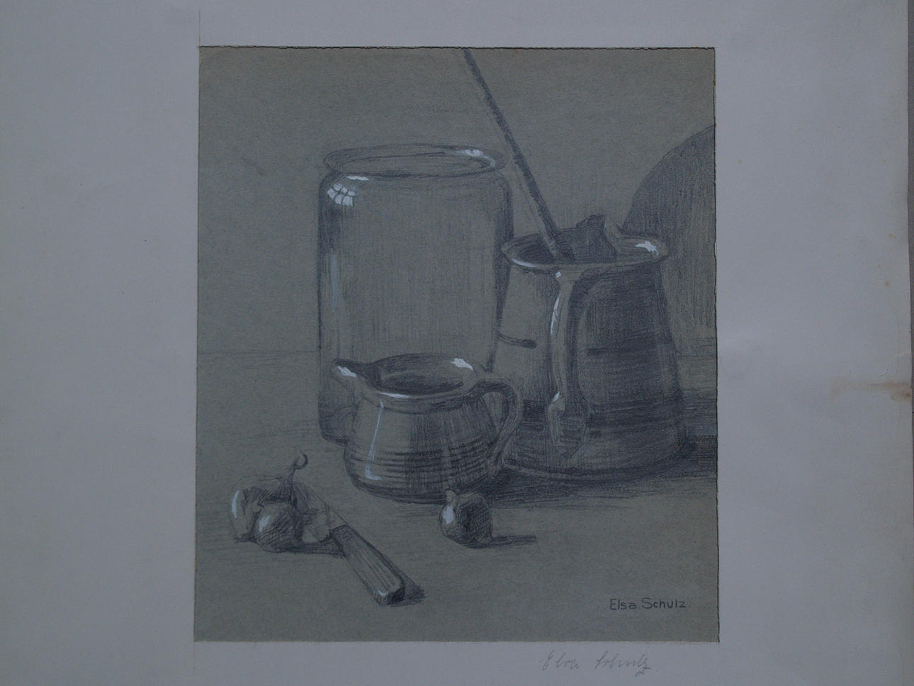 SCHULZ, ELSA. Stilleben, Bleistiftzeichnung.
