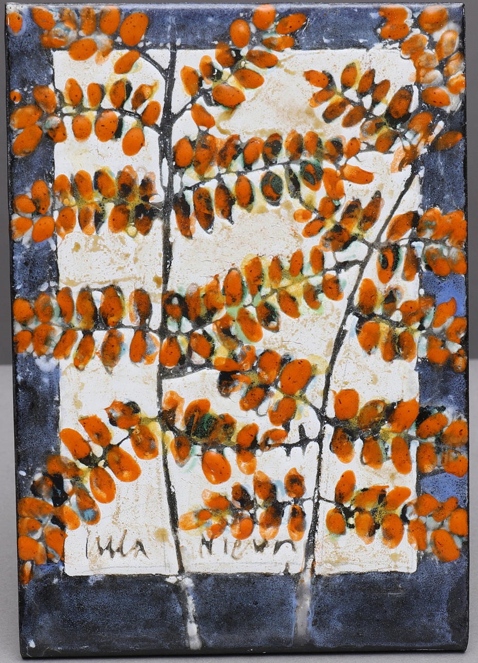 ULLA NIEMI. enamelled plate, ''autumn leaf'', signed.