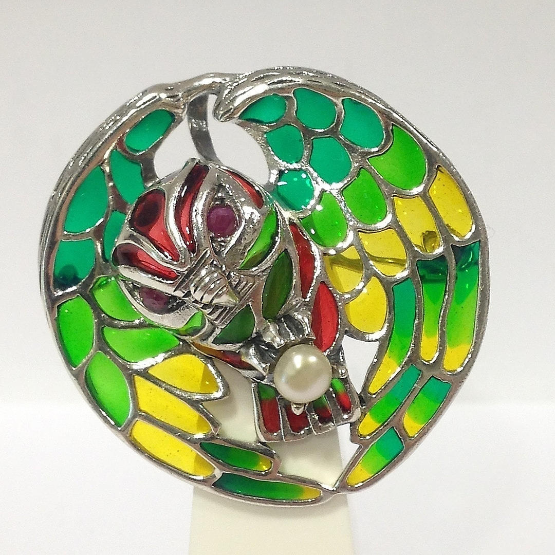 BROCHE / COLGANTE BÚHO PERLA Y RUBÍ.