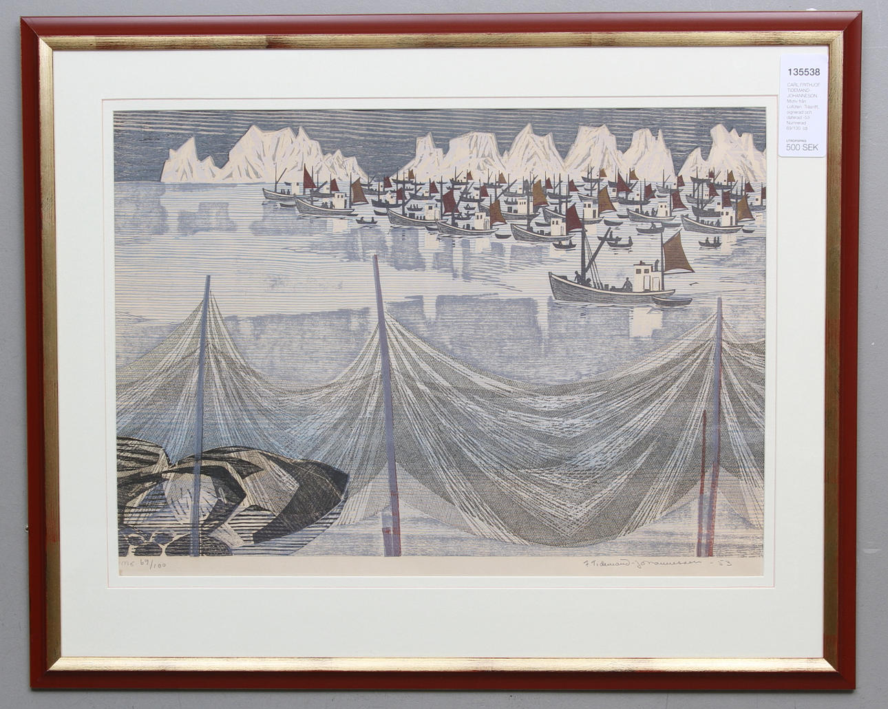 CARL FRITHJOF TIDEMAND-JOHANNESON. Motiv från Lofoten. Träsnitt, signerad och daterad -53. Numrerad 69/100.