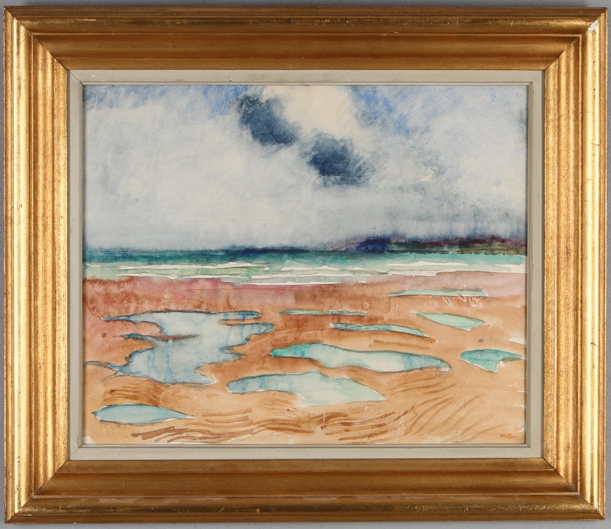 DICK BEER. Strandparti, akvarell, signerad.