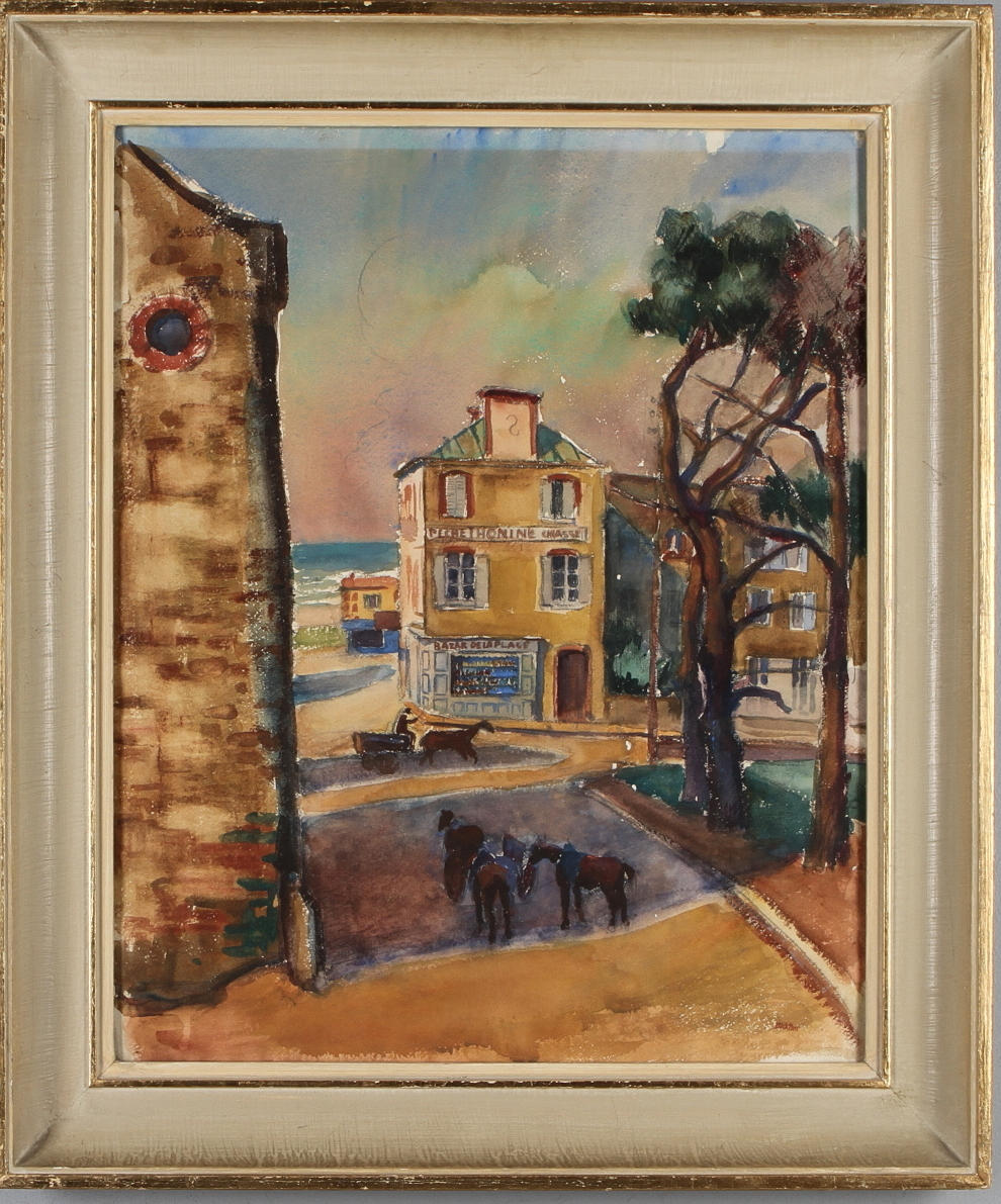 DICK BEER. Krog vid franska rivieran, akvarell, sigenrad.