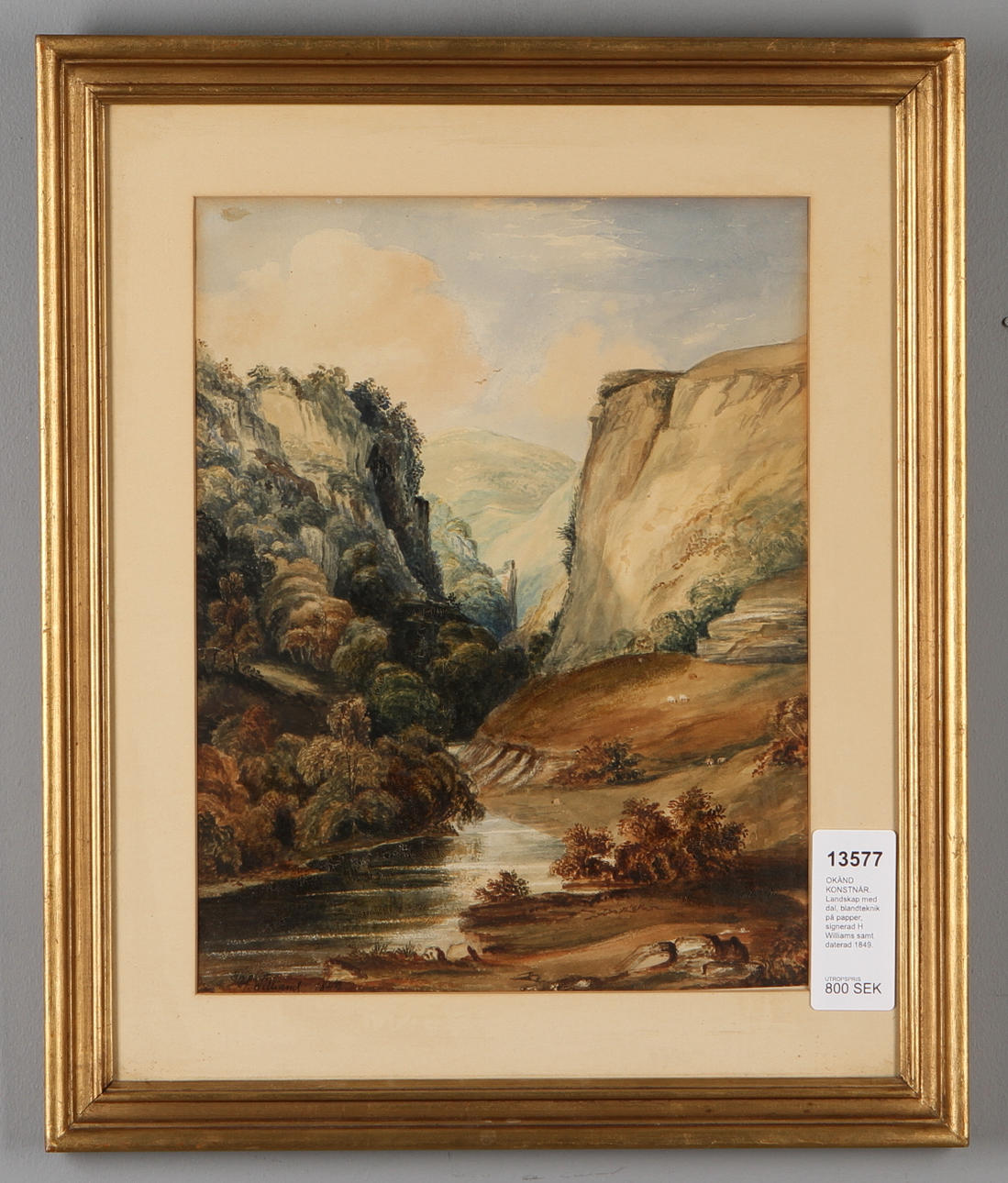 OKÄND KONSTNÄR. Landskap med dal, blandteknik på papper, signerad Williams samt daterad 1849.