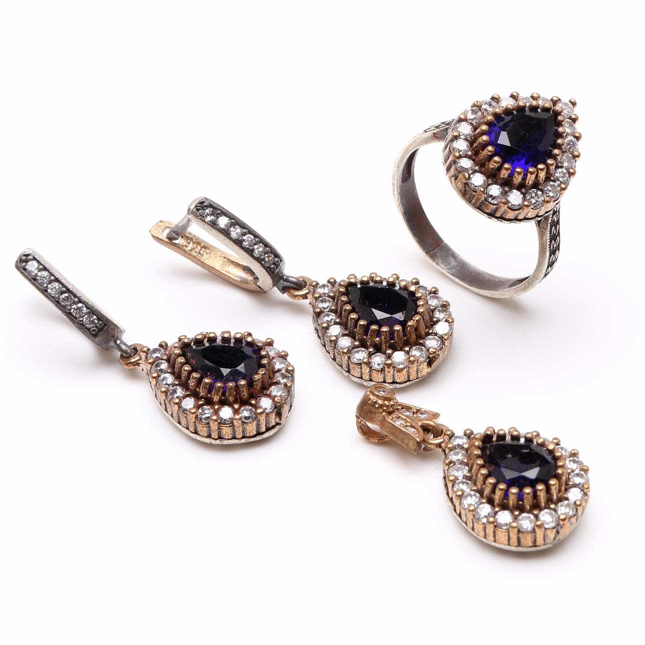 SMYKKE SÆT, Sølv, hvide og blå sten.