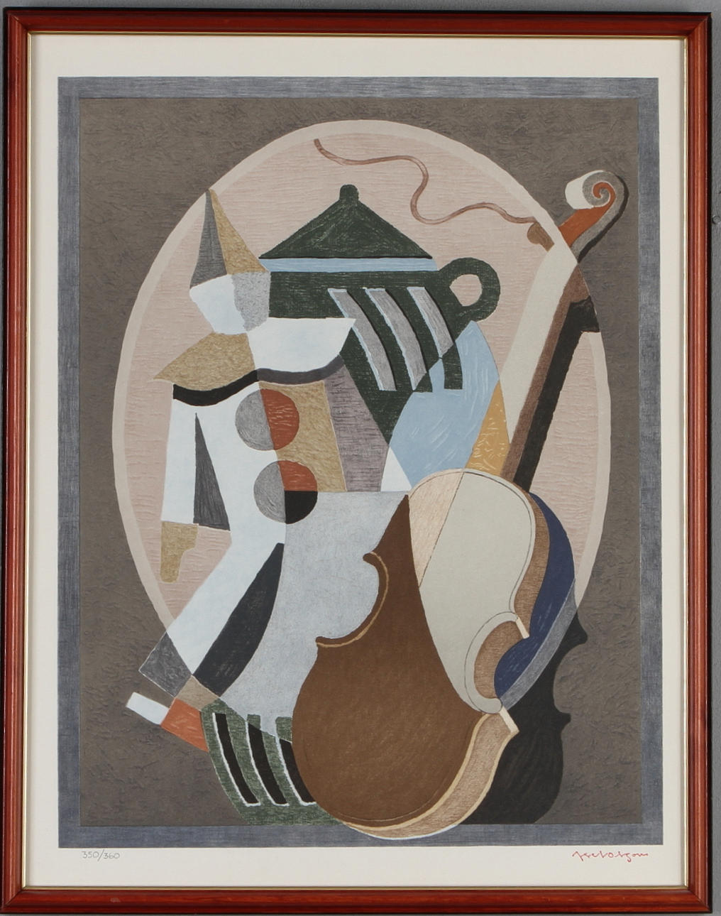 AXEL OLSSON. Komposition med fiol, färglitografi, stämpelsignerad samt numrerad 350/360.