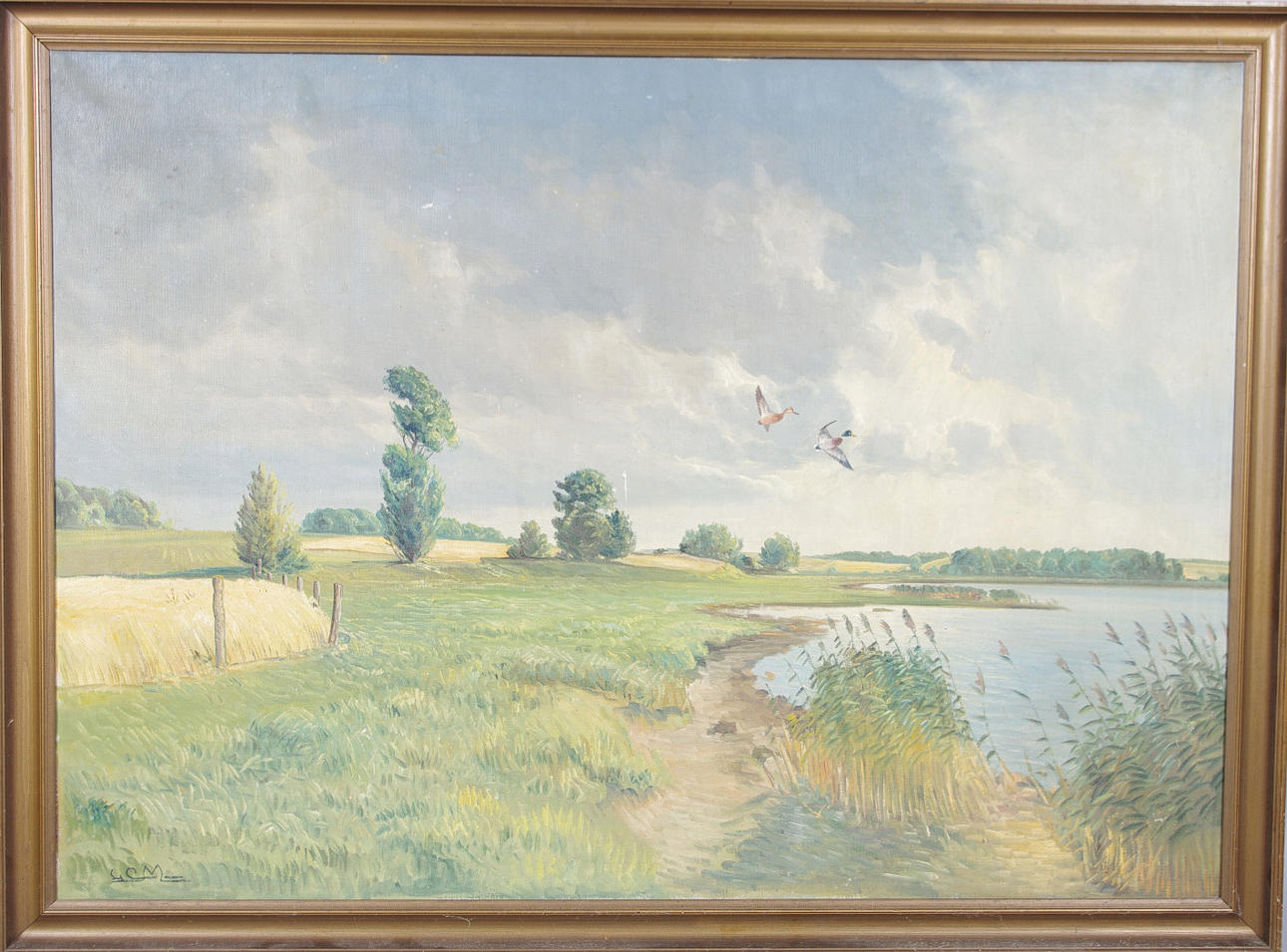 MONOGRAMSIGNERAD LCM. Flygande änder vid sjö, olja på duk.