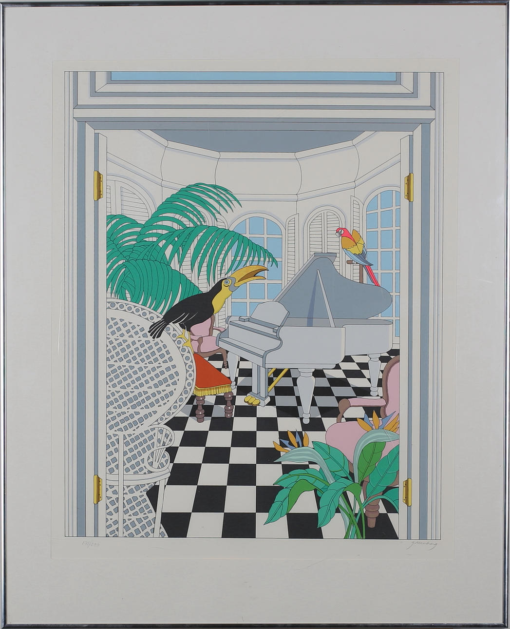 OIDENTIFIERAD KONSTNÄR. Pianot med fåglar. Färgserigrafi. Signerad Grennberg R.171/390.