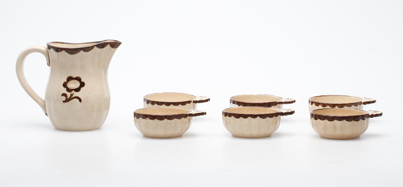 SKÅLAR samt KANNA, 7 delar, flintgods, "Pyro" Wilhelm Kåge, Gustavsberg.