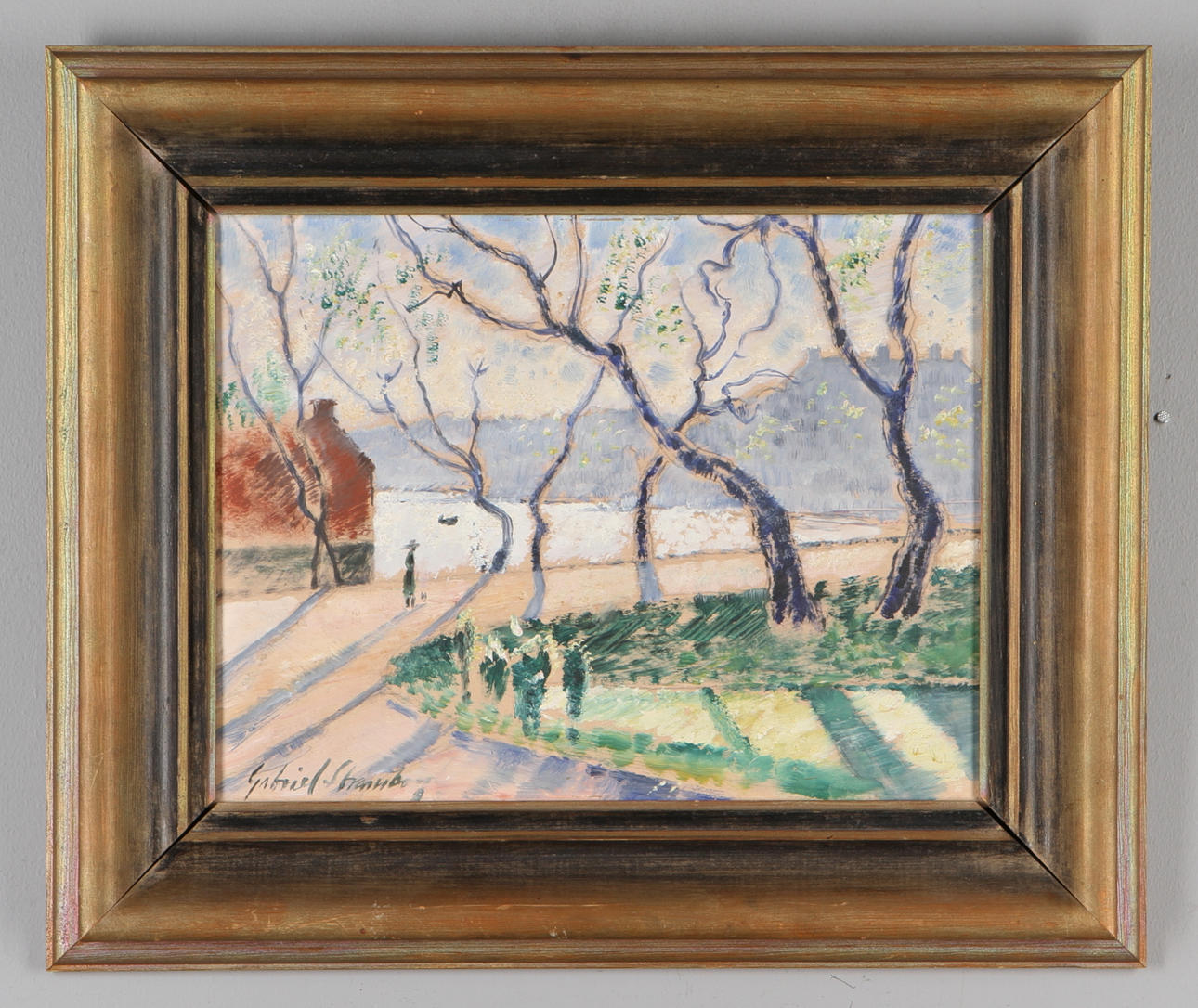 GABRIEL STRANDBERG. Stadslandskap, olja på pannå, signerad.