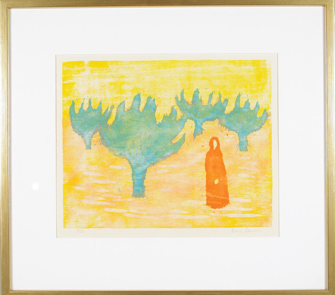 LARS LARSON. kvinna i trädgård, färglitografi.