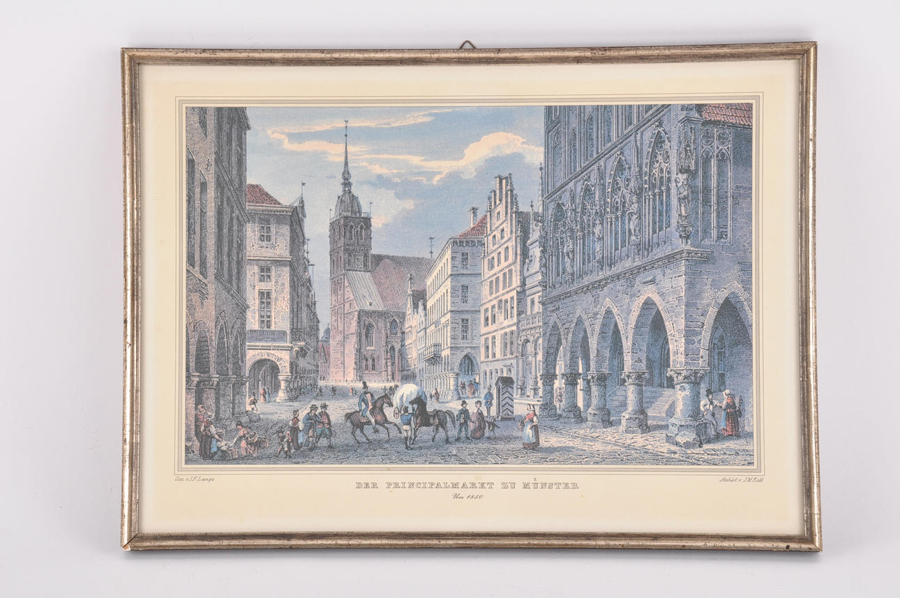 JOSEPH MAXIMILIAN KOLB. "The Prinzipalmarkt in Munster around 1850". Colored steel engraving.