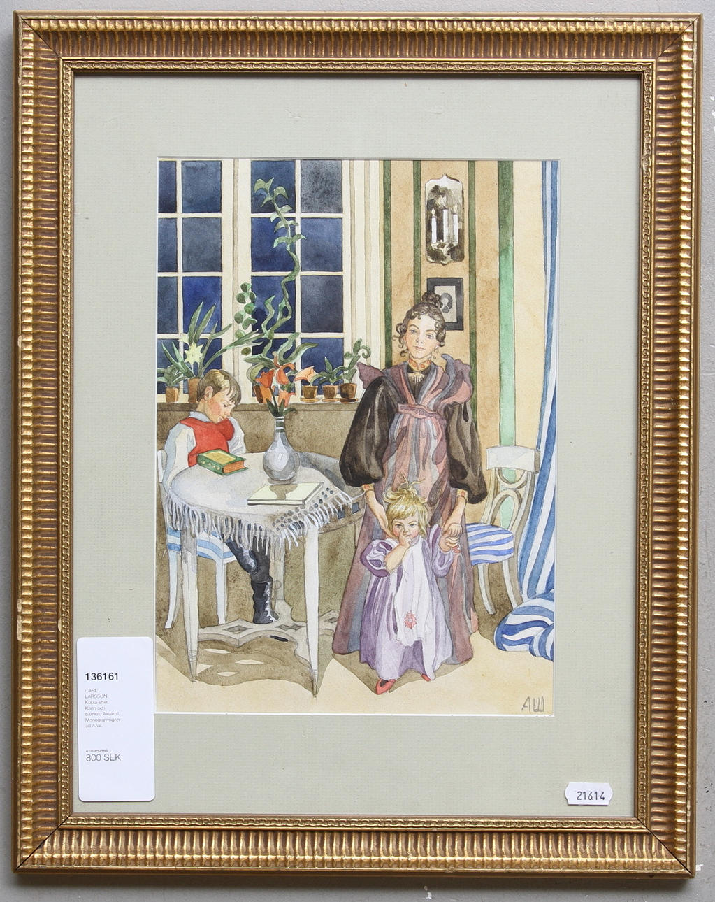 CARL LARSSON. Kopia efter. Karin och barnen. Akvarell. Monogramsignerad A.W.