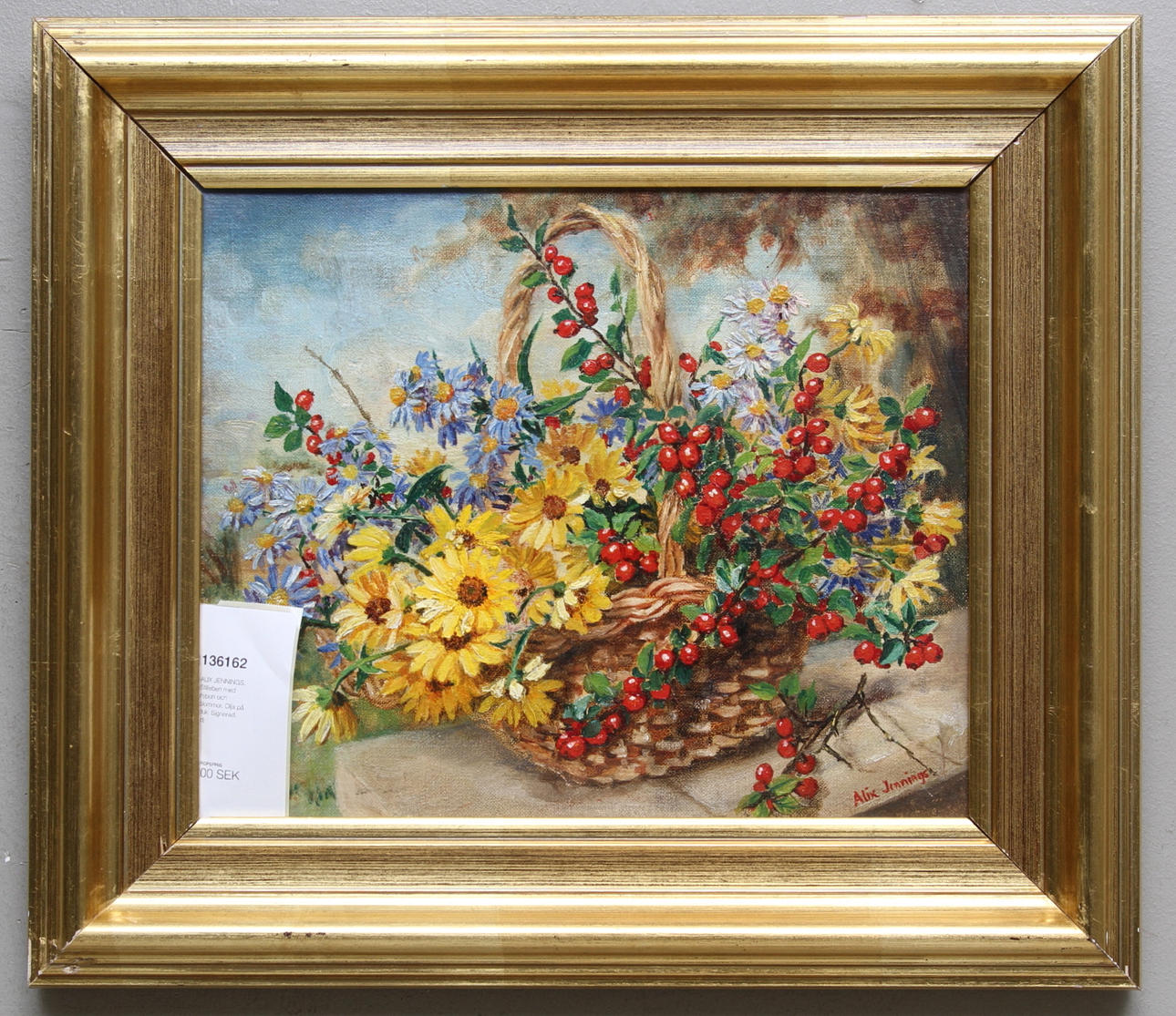 ALIX JENNINGS. Stilleben med nypon och blommor. Olja på duk. Signerad.