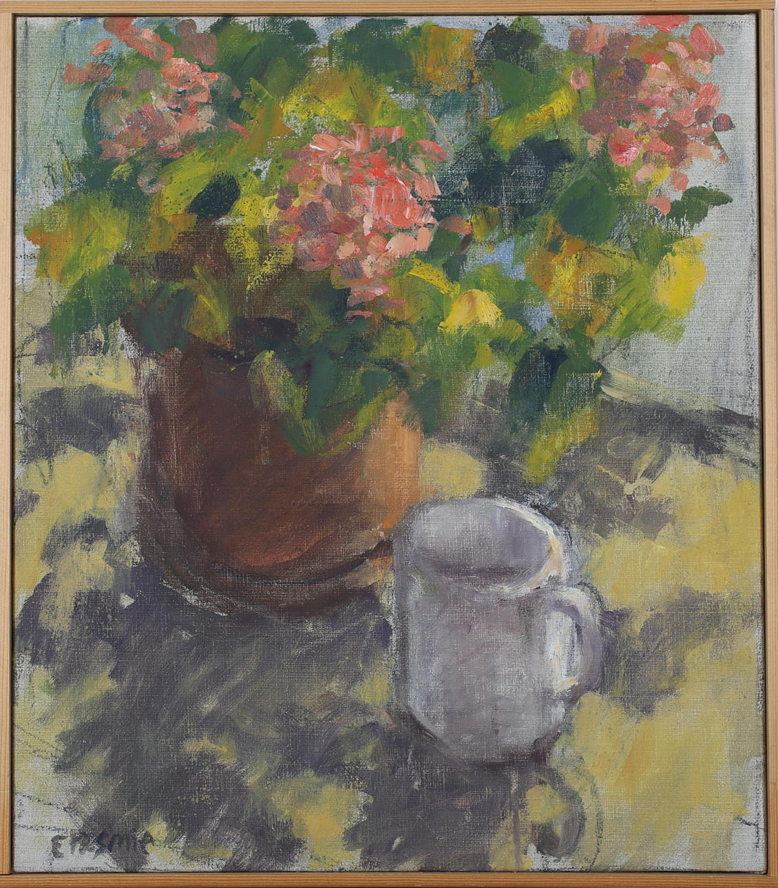 TORSTEN ERASMIE. Stilleben med pelargoner med vitt mugg.