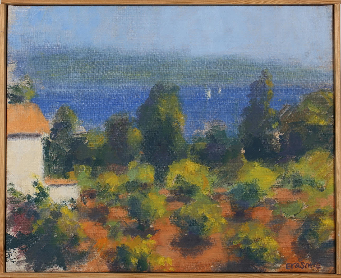 TORSTEN ERASMIE. "Vitt hus och hav", Antibes. Olja på duk. Signerad Erasmie.