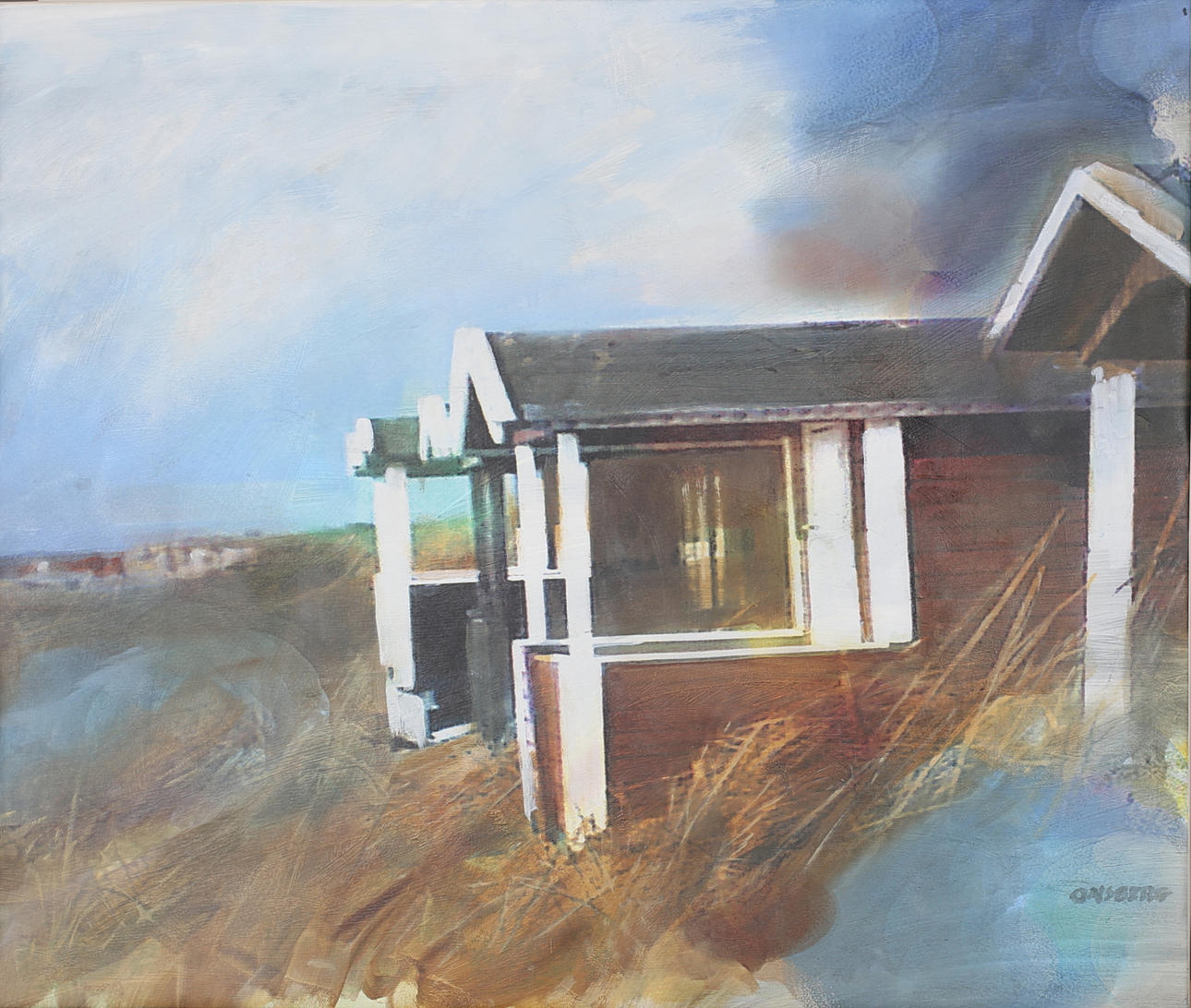ULF ONSBERG. Badhytter i Falsterbo. Olja på duk. Signerad Onsberg.