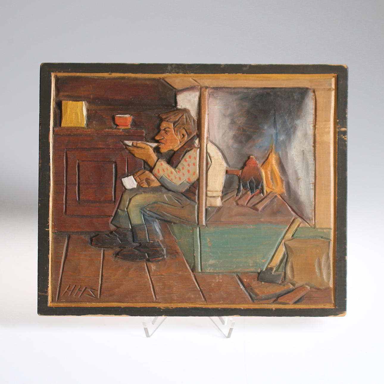 HAMPE SVANBERG. Relief, "Enslingens aftonkaffe", monogramsignerad, 1900-talets första hälft.