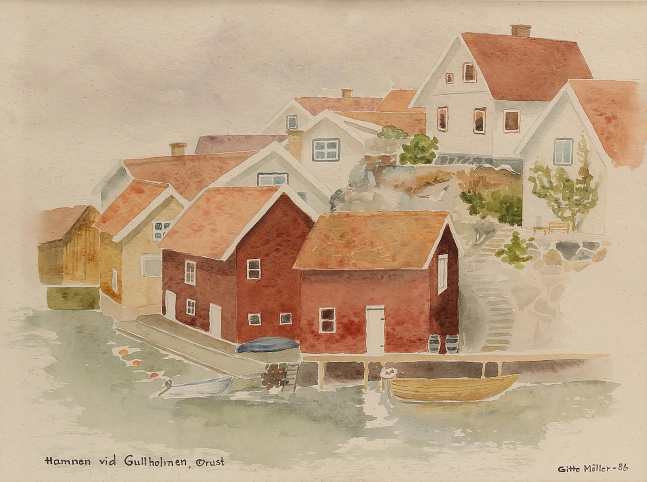 GITTE MÖLLER. Watercolor, "Gullholmen, Orust", signed.-86.
