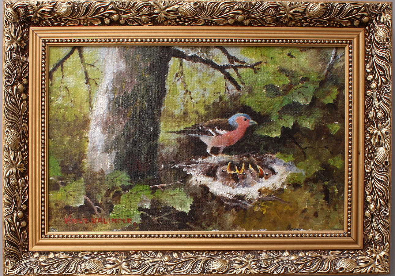 KNUT VALINDER. bofink med ungar, olja på duk.