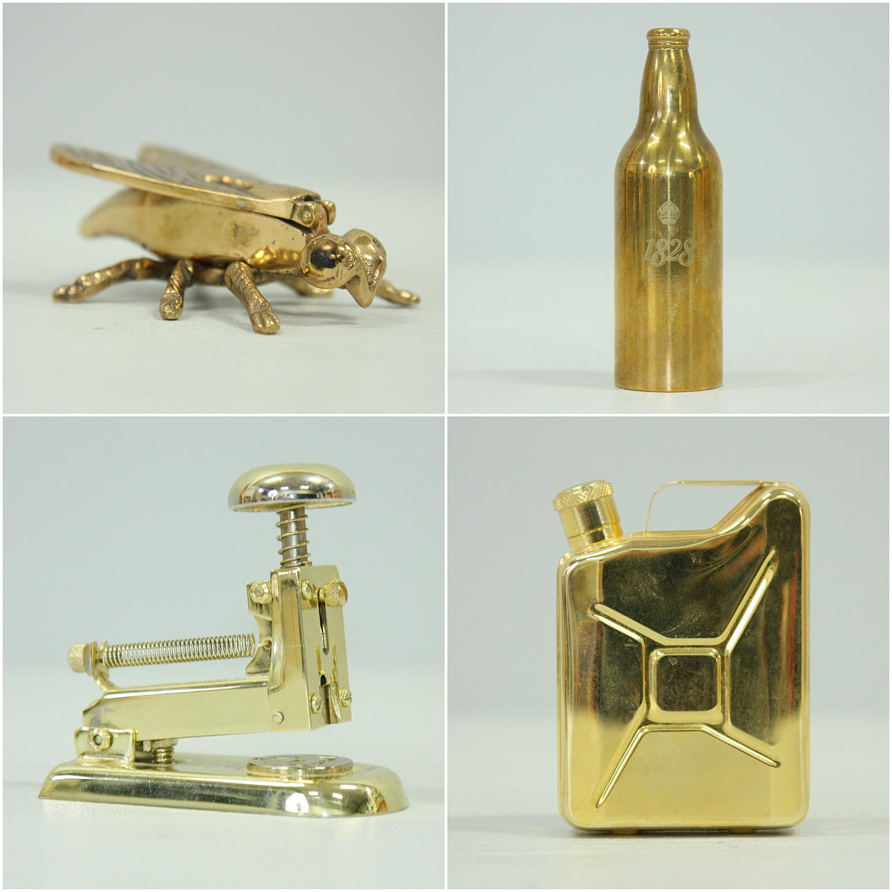 BRASS TOOLS, 4 pcs, cap opener, pocket knife, stapler, ashtray.